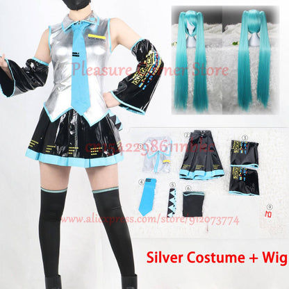 Miku Cosplay Costume Full Set Silver Leather Fabric Suit Miku Cosplay Headwear Costume Outfit JK Sailor Dress School Uniform