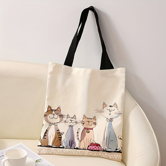 4 Cute Kitten Print Tote Bag - Large Capacity, Foldable Shoulder Bag with Black Handles, Lightweight Shopping Bag for Travel