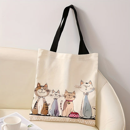 4 Cute Kitten Print Tote Bag - Large Capacity, Foldable Shoulder Bag with Black Handles, Lightweight Shopping Bag for Travel