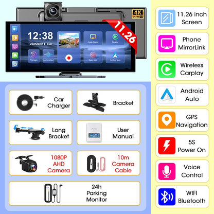 Develuck NEW 11.26 inch 4K DVR Wireless CarPlay and Android Auto Portable Dash Cam Car Screen Video Recorder 5G WIFI Navigation