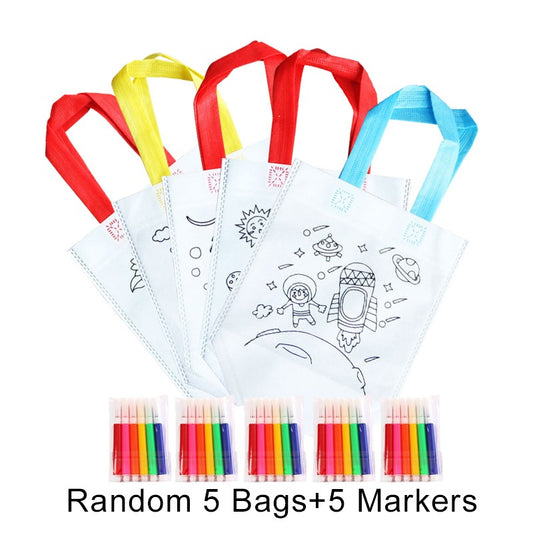 5Pcs DIY Coloring Bags with Markers Carnival Art Party Goodie Bags for Kids Eco Mini Non-Woven Fabric Shopping Storage Bags