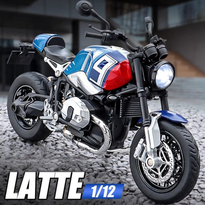 1:12 Escala R Nine T HP4 Modelo de Moto Carro de Brinquedo Liga Fundida Luz Música Amortecimento Modelos Miniatura de Motor Ornamento Presente