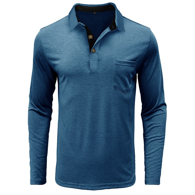 Spring Trend Men's Long Sleeve Casual Tshirt Solid Lapel Button Up Pullover Tops Autumn Turn Down Collar Bottoming Polo Shirt