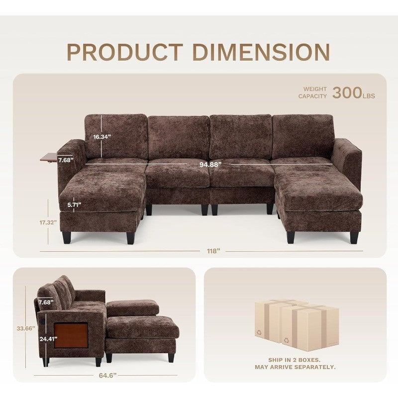118" U-Shaped Sectional Couch, 4-Seat Modular Sofa with 2 Ottomans and Foldable Side Table, Brown for Living Room
