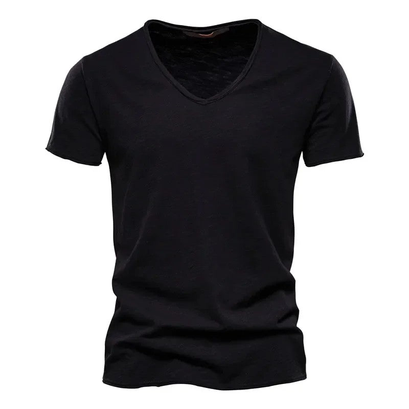 2024 hot summer men's new solid color V-neck pure cotton short sleeved T-shirt hot selling men's T-shirt top