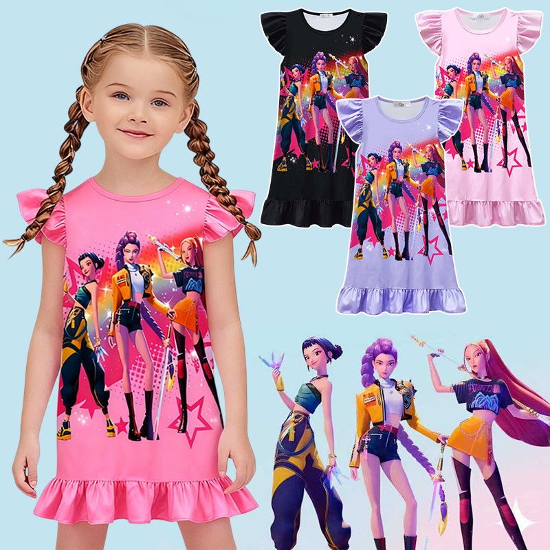 K-POP Demo Hunte Printed Sleeping Skirt Big Butterfly Sleeve Loose Pajamas Children Girls Sleeping Clothing Casual Home Wear