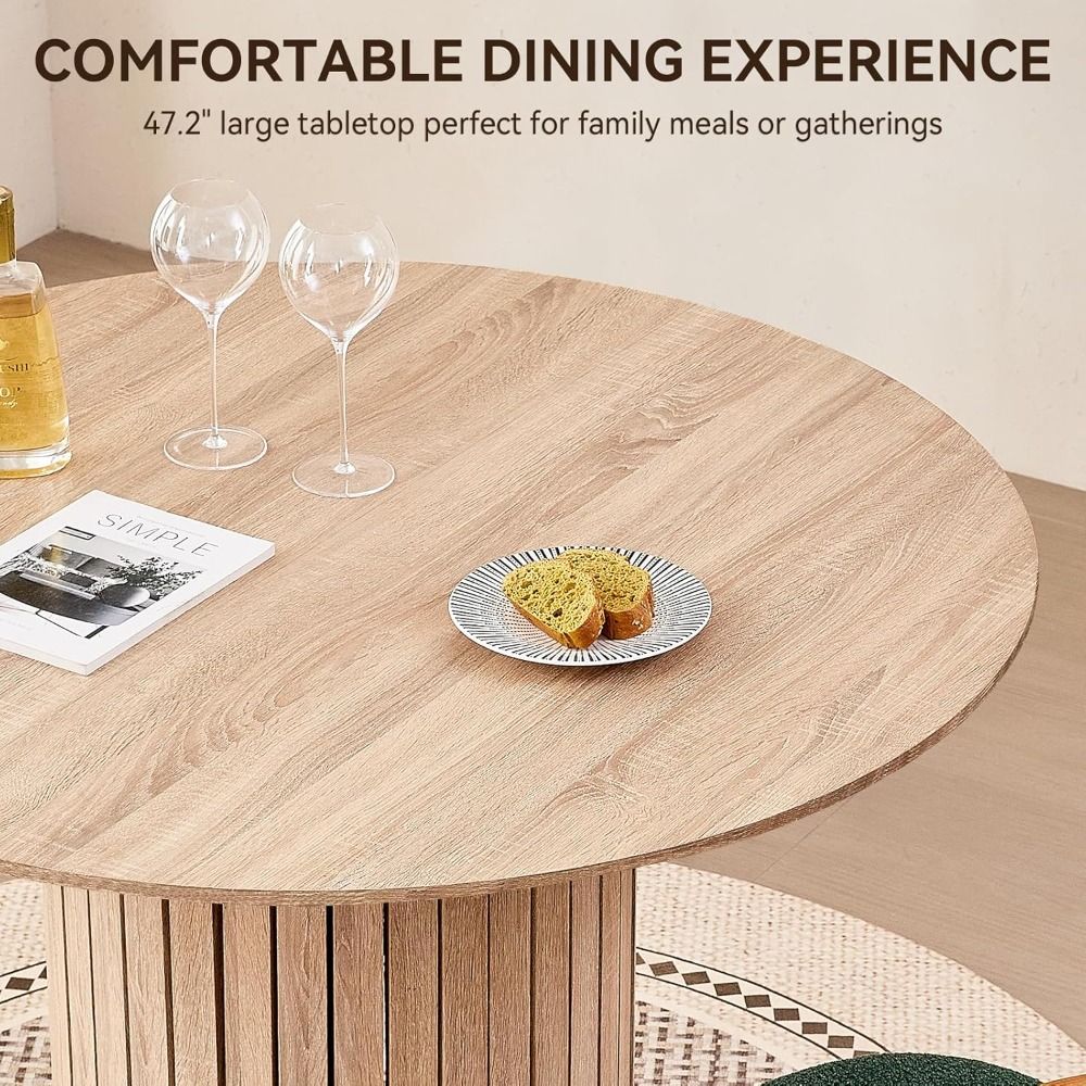 47" Round Dining Table for 4, [Chamfered Edge 1.2" Thickness Tabletop] Farmhouse Kitchen Table Circle Pedestal Dinner Table, ?47