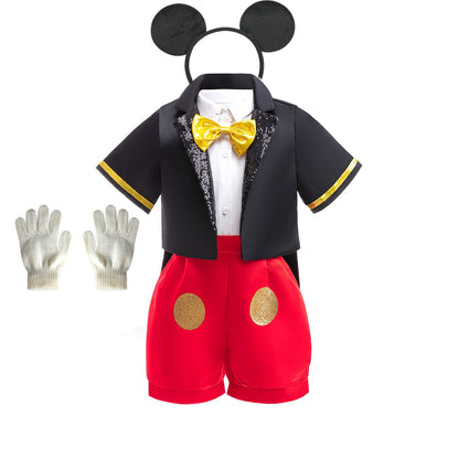 Cartoon Mouse Cosplay Costume Bow Tie Top+Short Sleeve Coat+Suspender Shorts for Halloween Carnival Birthday Outfits