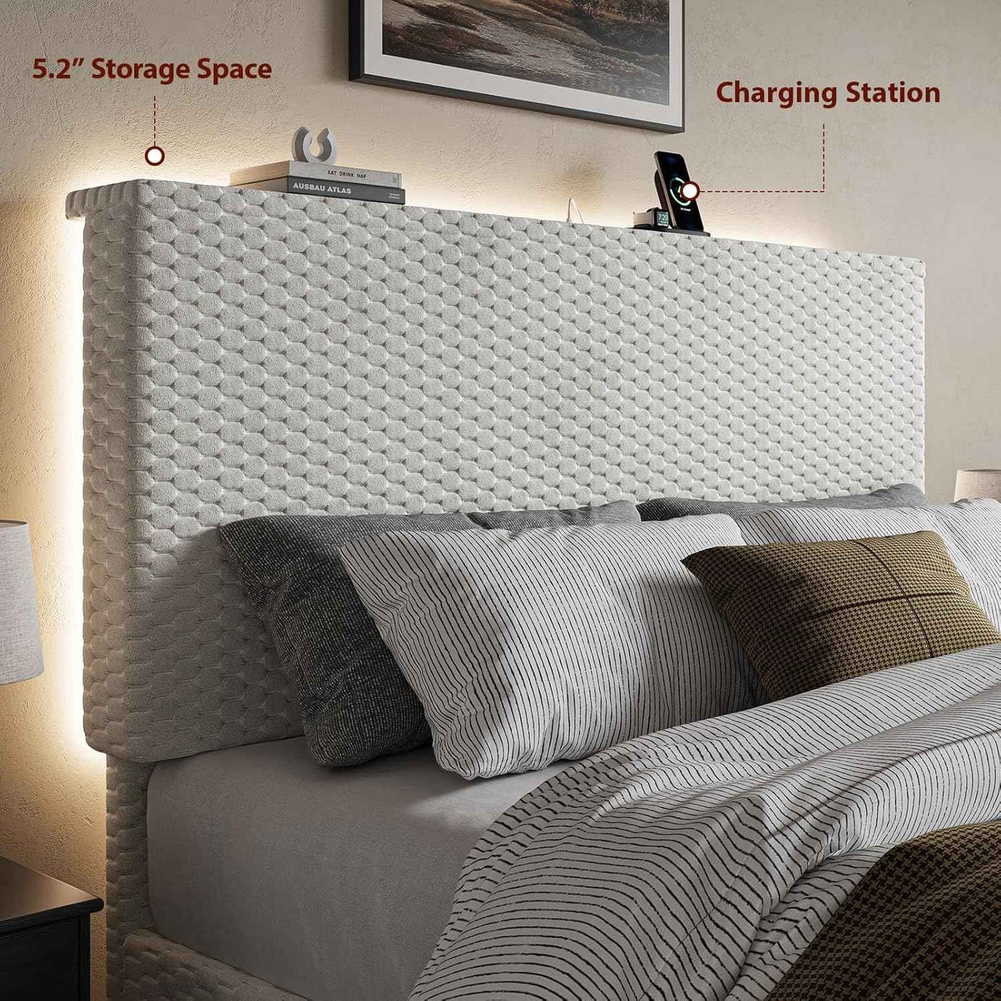 Estrutura de Cama Queen Size com Cabeceira de Armazenamento, Estrutura de Cama Plataforma Estofada com Luzes LED e Estação de Carregamento, Reforçada
