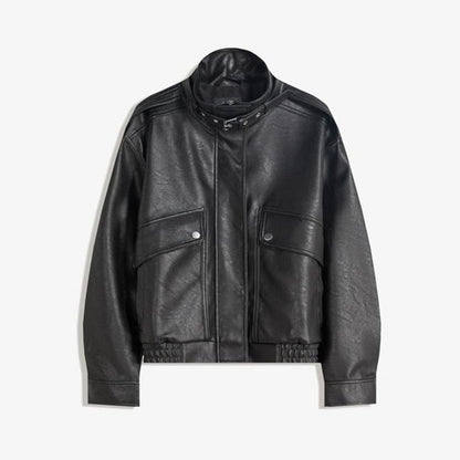 Fashion PU Leather Stand Up Coat for Women Casual Long Sleeve Zipper Lady Jackets 2025 Autumn New Female Outerwear High Street