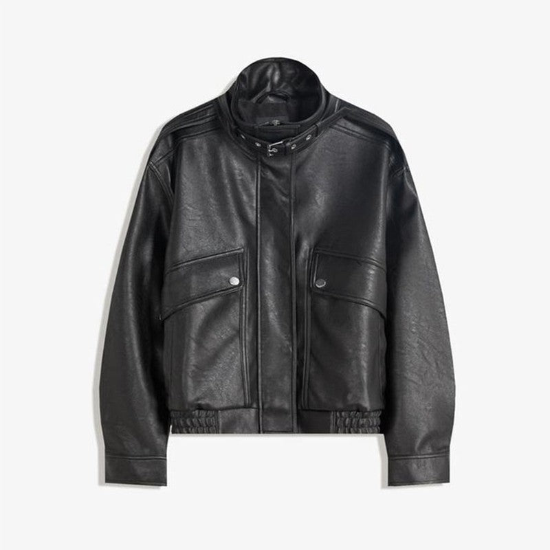 Fashion PU Leather Stand Up Coat for Women Casual Long Sleeve Zipper Lady Jackets 2025 Autumn New Female Outerwear High Street