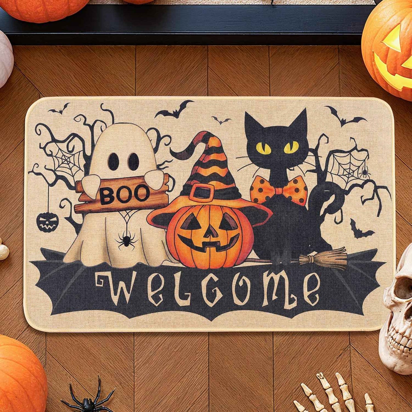 VIKAMA Halloween Welcome Mat Ghost Black Cat Indoor Outdoor Halloween Decorations Porch Entrance Hallway Kitchen Rug