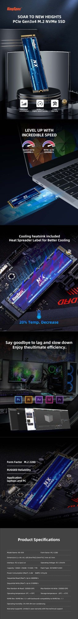 SSD NVMe M2 1TB 2TB KingSpec Unidade de Disco Rígido 120gb 128gb 240gb 215gb 512gb M.2 NVMe Ssd PCIe3.0 Para Computador Desktop