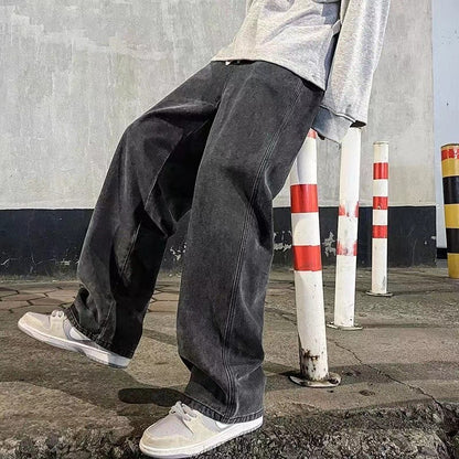 Calça Jeans Masculina Coreana Versão Estudantil Casual Calça Reta Solta Perna Larga Jeans Preto Cinza Azul Jeans Baggy