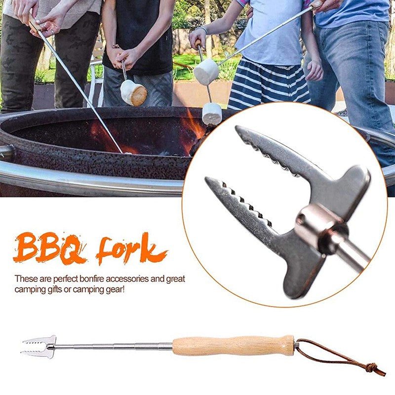 80Cm Barbecue Skewers Stainless Steel Wooden Handle Long Campfire Telescopic Extendable BBQ Fork Barbecue Accessories