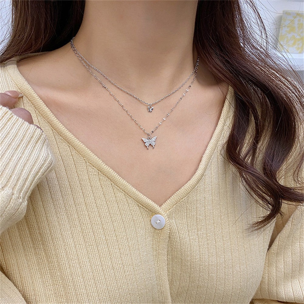 Novo Colar de Borboleta Brilhante Feminino Requintado Colar de Corrente Dupla Camada na Clavícula Joias para Presente Feminino