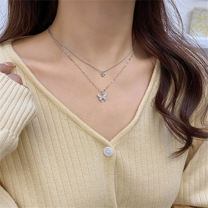 Novo Colar de Borboleta Brilhante Feminino Requintado Colar de Corrente Dupla Camada na Clavícula Joias para Presente Feminino