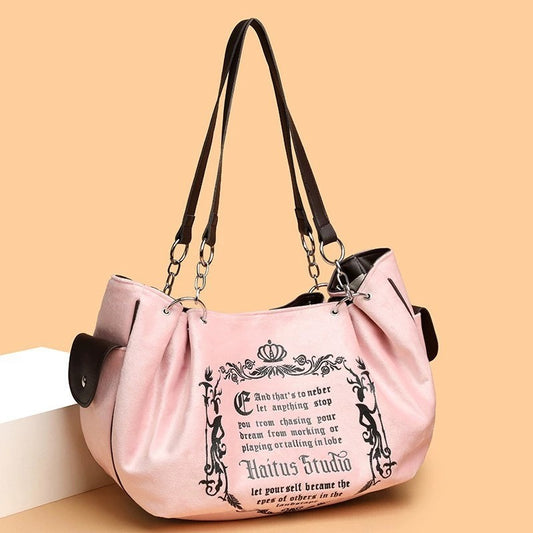 Letter Print Faux Suede Women Handbag Shoulder Bag, Retro Large Capacity Tote Bag for Daily Commuting and Hand-Carry.Pumpkin Bag
