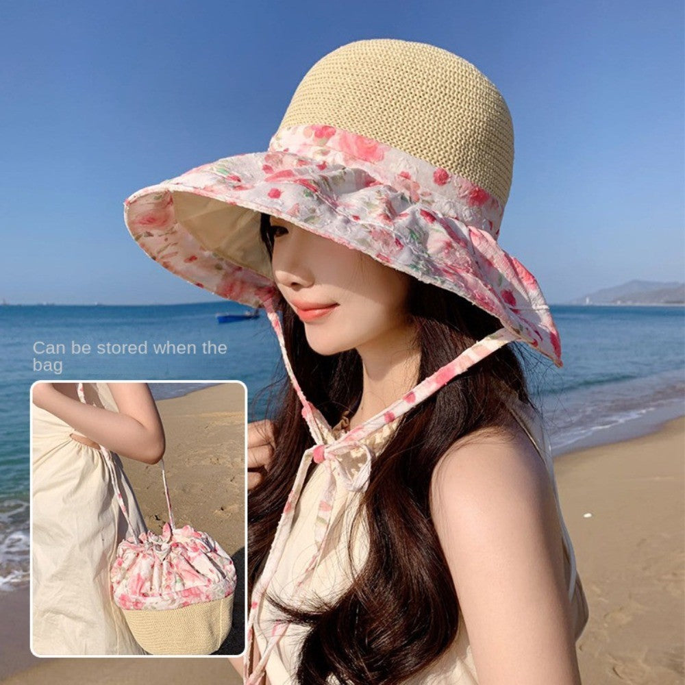 Fashion Flower Print Straw Hat Sun Protection Wide Brim Beach Hat Can Be Used As Bag Breathable Visor Hat Outdoor