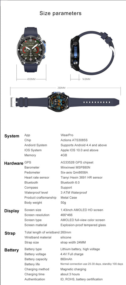 NEW 4GB Memory Video Player Smart Watch AMOLED With GPS Offline Maps Military Sports Smartwatch Men 30m Swim Waterproof Bracelet