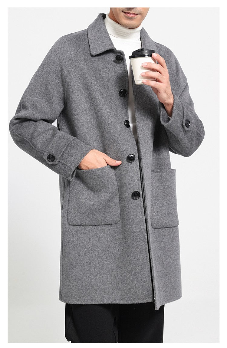 Mid-Length Single-Breasted Polo Collar Men's Overcoat Double-Sided Woolen 100% Pure Wool High-End Coat Fashion Men's Clothing
