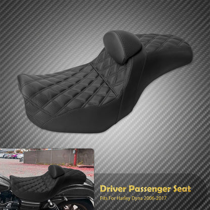 Assento de motocicleta para motorista e passageiro com encosto, almofadas de couro, assento de piloto para Harley Dyna Low Rider Fat Bob FLD 06-2017