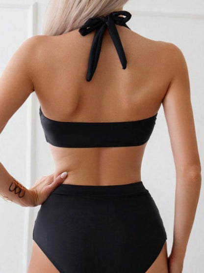 2025 European and American fashion hot selling hard bag gathered women's bikini solid color set, suitable for vacation, festival