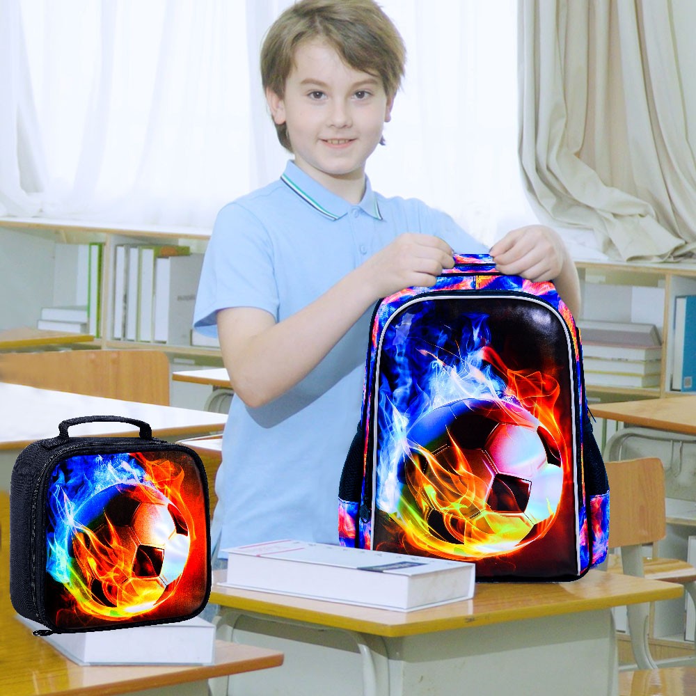 Mochila de Futebol para Meninos 3 Peças, Mochila Escolar Infantil com Lancheira, Mochila Escolar de 17" Resistente à Água para Adolescentes do Ensino Fundamental e Médio