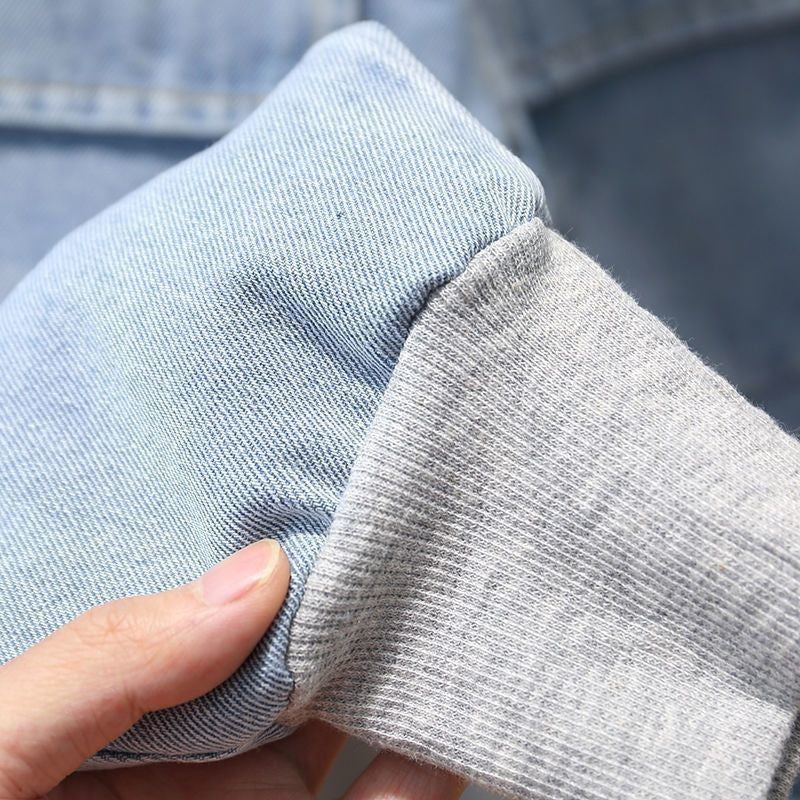 Conjunto de roupas para bebês meninos, azul claro liso, estilo casual/urbano, duas peças, com manga longa e calça de moletom jeans.