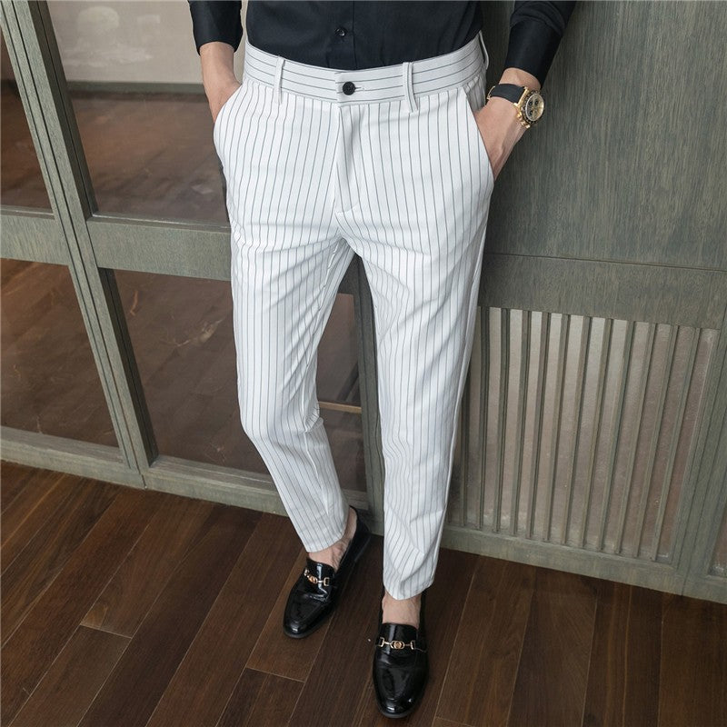 White Vertical Stripes Suit Pants Men, Blue Black Trousers, Fashion Slim Men's Pant Business Pantalones Hombre Autumn New Slacks