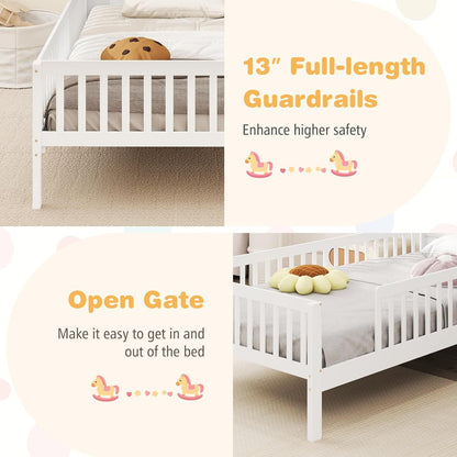 Twin Kids Bed Frame, Solid Wood Montessori Bed with Guardrails & House-Shaped Headboard, Built-in Storage Shelf, No Box