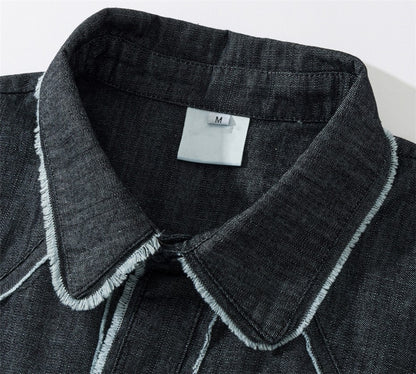 Vintage Raw Edge Denim Shirts Mens Streetwear Harajuku Short Sleeve Shirt Men Loose Casual Cargo Blouse Japan Style Tops Male