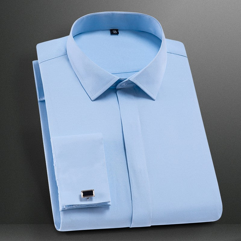 Men's Classic French Cuff Dress Shirt Covered Placket Long Sleeve Tuxedo Male Shirts with Cufflinks No Pocket Office Work White