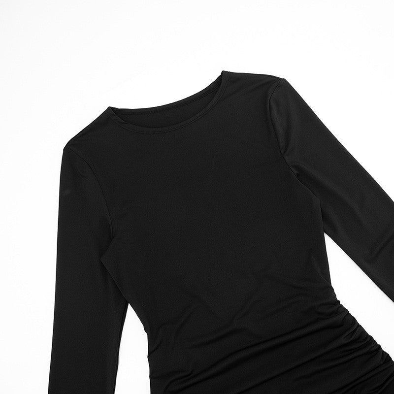 Women Flared-Sleeve Bodycon Pleated Dresses Fashion O-Neck Solid High-Waisted Slim Party Dress Evening Female Mini Dress 2025