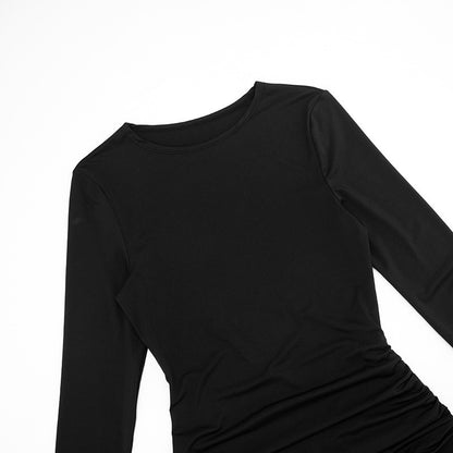 Women Flared-Sleeve Bodycon Pleated Dresses Fashion O-Neck Solid High-Waisted Slim Party Dress Evening Female Mini Dress 2025