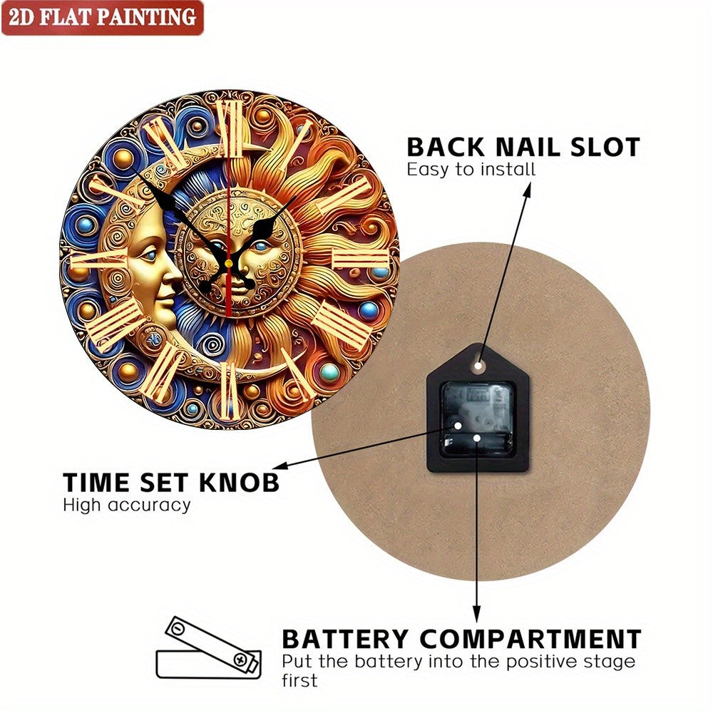 Sun & Moon Wall Clock. Roman numerals, vintage silent design for living room or bedroom.