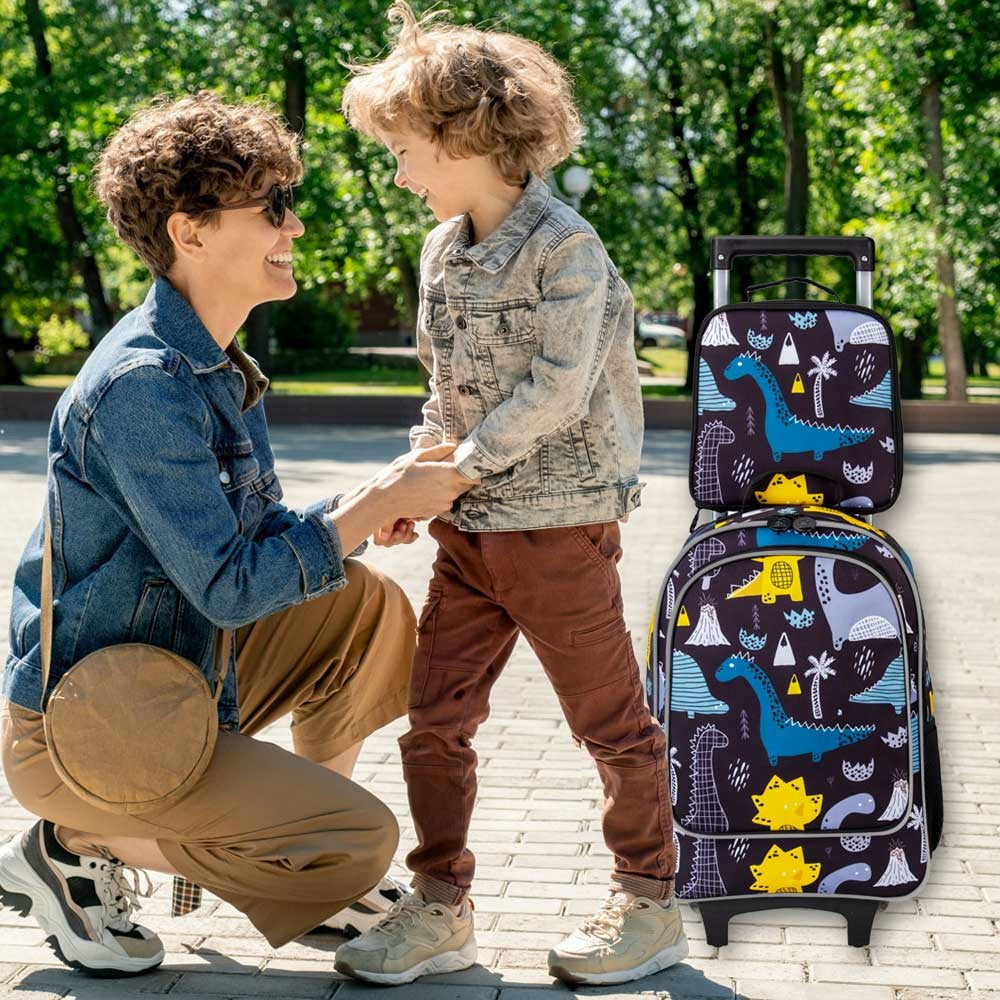 Mochila de Rodinha 3 Peças para Meninas e Meninos, Mochila Escolar com Rodas para Crianças, Mochila com Rodas e Lancheira