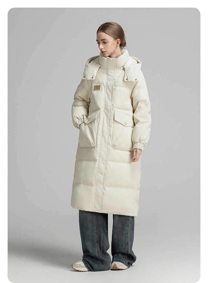 CLARKE QUEEN Long Down Jacket for Women Winter Duck Down Coat Hooded Over-the-Knee Casual Thickened Fitted Padded Puffer Coat