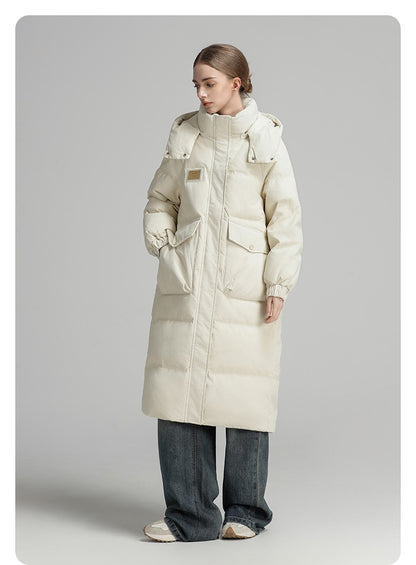 CLARKE QUEEN Long Down Jacket for Women Winter Duck Down Coat Hooded Over-the-Knee Casual Thickened Fitted Padded Puffer Coat