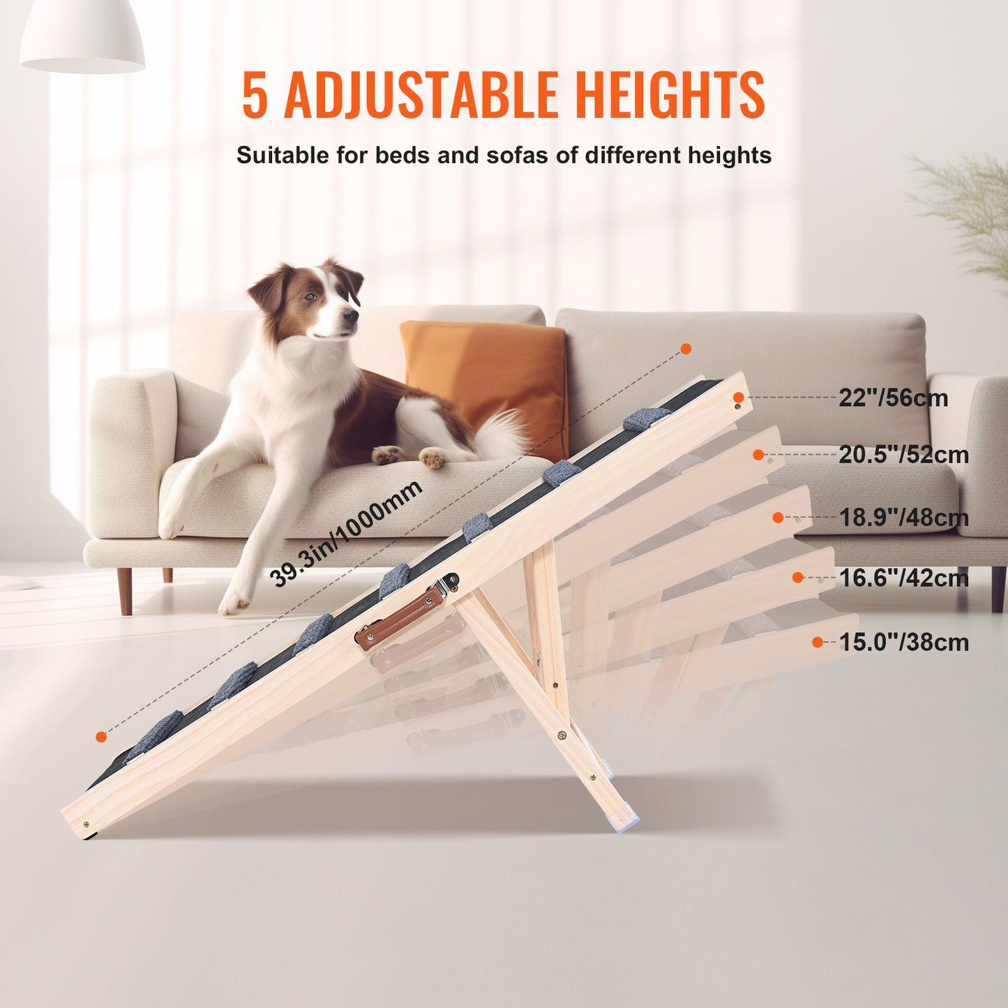 SucceBuy Rampa Dobrável para Cães, Escada Antiderrapante, de Madeira, Altura Ajustável, Removível para Cães Pequenos e Idosos, para Subir Escadas, Sofás, Carros, Camas
