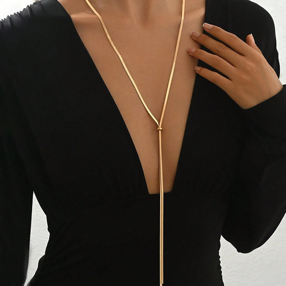 Colar Punk Feminino com Corrente Longa e Chata de Osso de Cobra Aço Inoxidável Cor Dourada Colar em Y Joias da Moda Atacado