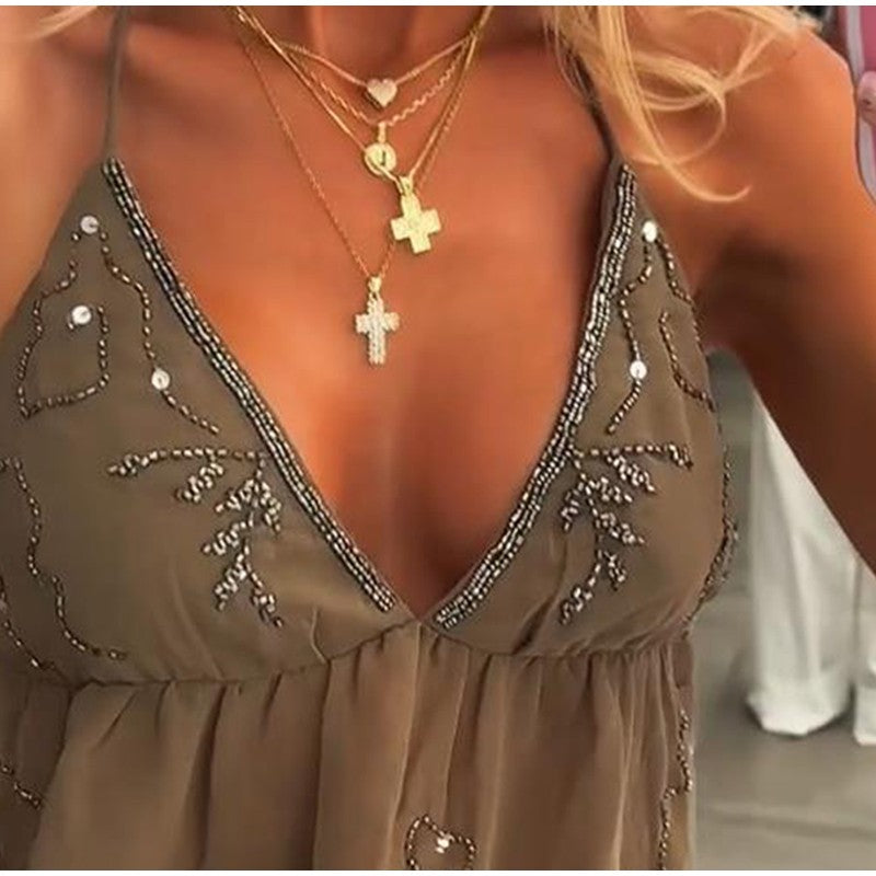 Sequins Bead Snowflake Midi Dress Women Fashion Sleeveless Backless Ruffle Pleat