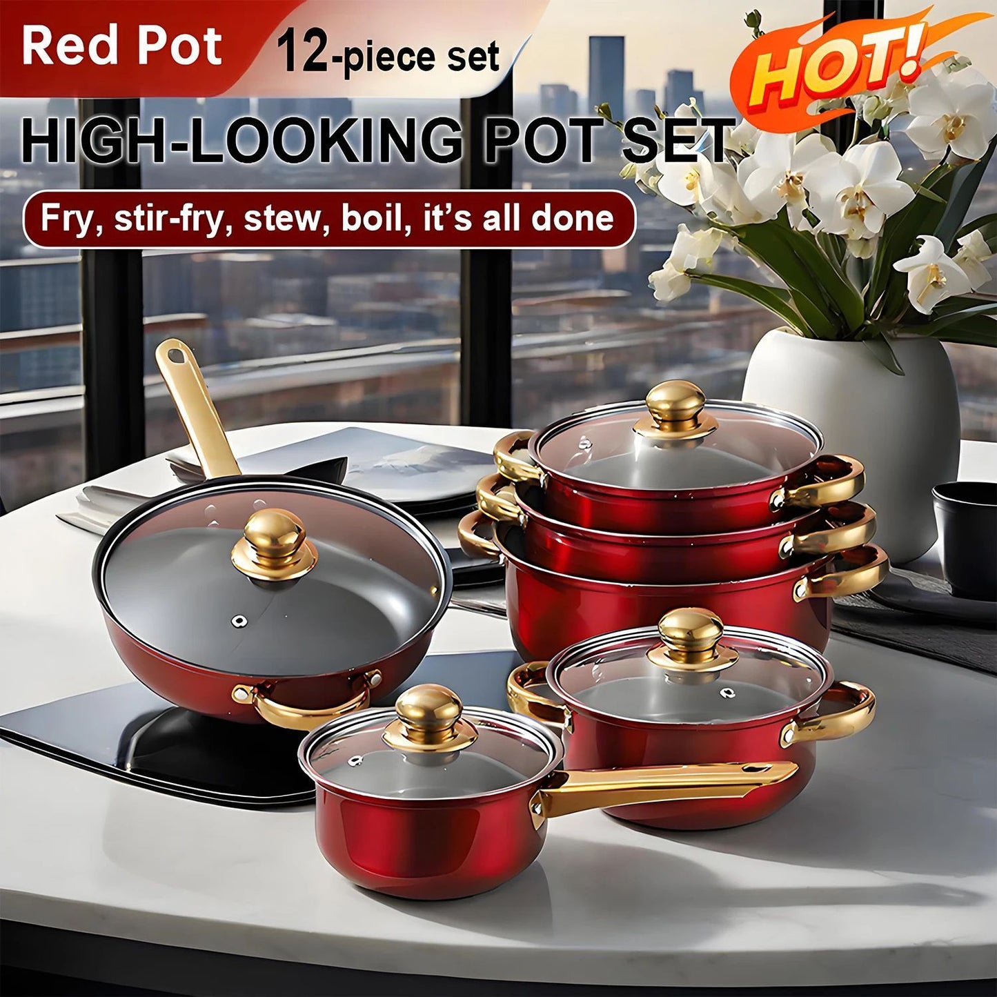 Red Cookware Set, 12-Piece ,Stainless Steel, Non-Stick, Kitchen Cookware Collection,Complete Kitchen Solution