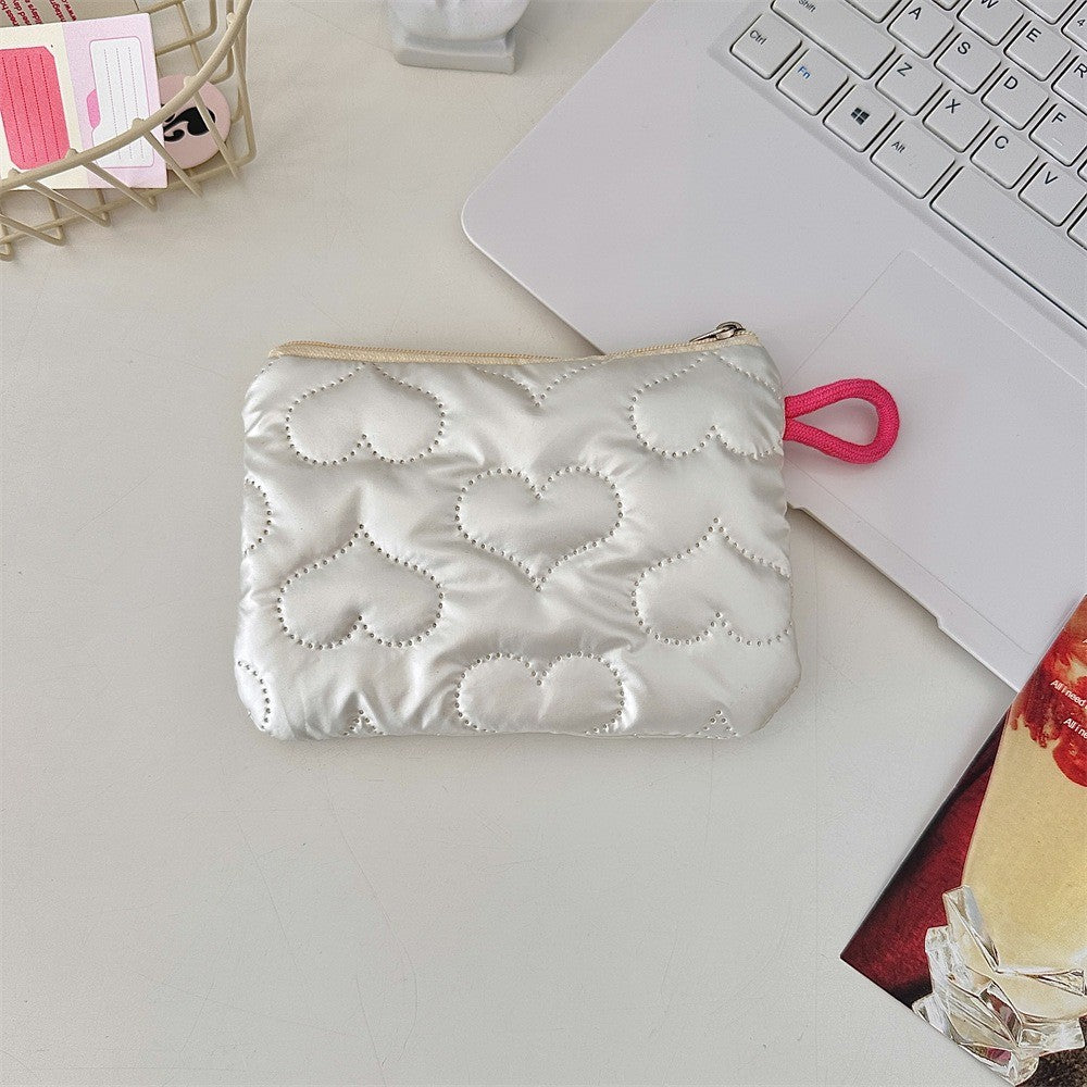 INS Style Silver Sanitary Mat Bag Zipper Button Change Purse Coins Keys Wallet Love Bow Credit Card Holder Cosmetics Napkin