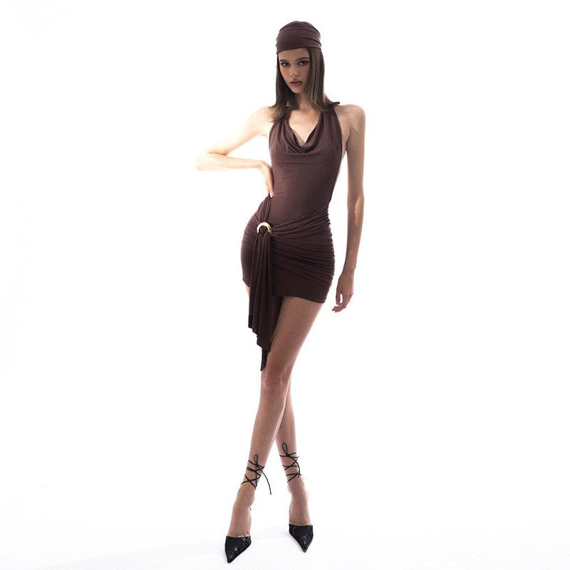 WhereMery Vintage Brown Low-cut Backless Mini Dress Y2K Women Bandage Pleated A-