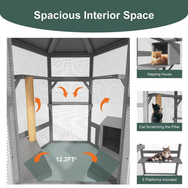 Recinto para Gatos ao Ar Livre, Catio Grande Interno para Vários Gatos com Acesso à Janela e Teto Impermeável, Inclui Casa para Gatos, Mul