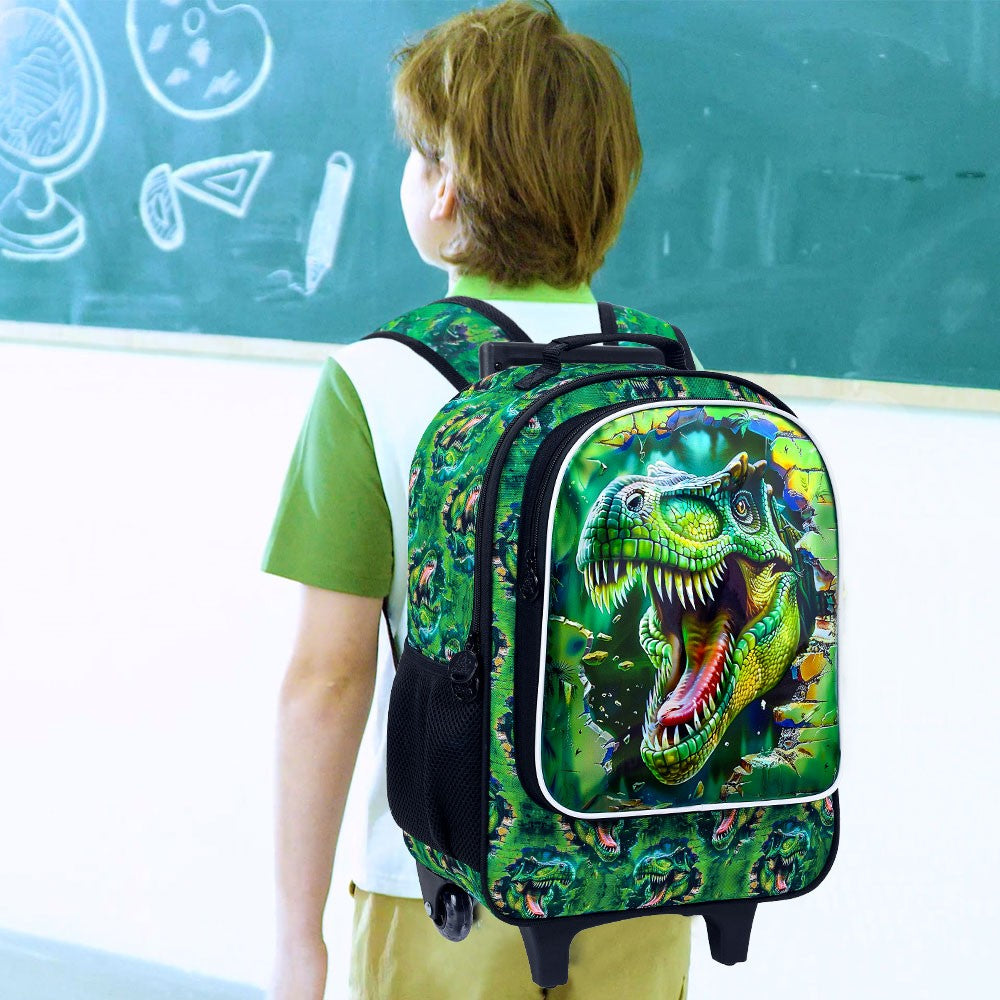 3Pcs Dinosaur Rolling Backpack for Boys, Kids School Backpacks with Wheels, Roller Bookbag for Elementary Preschool(Green)
