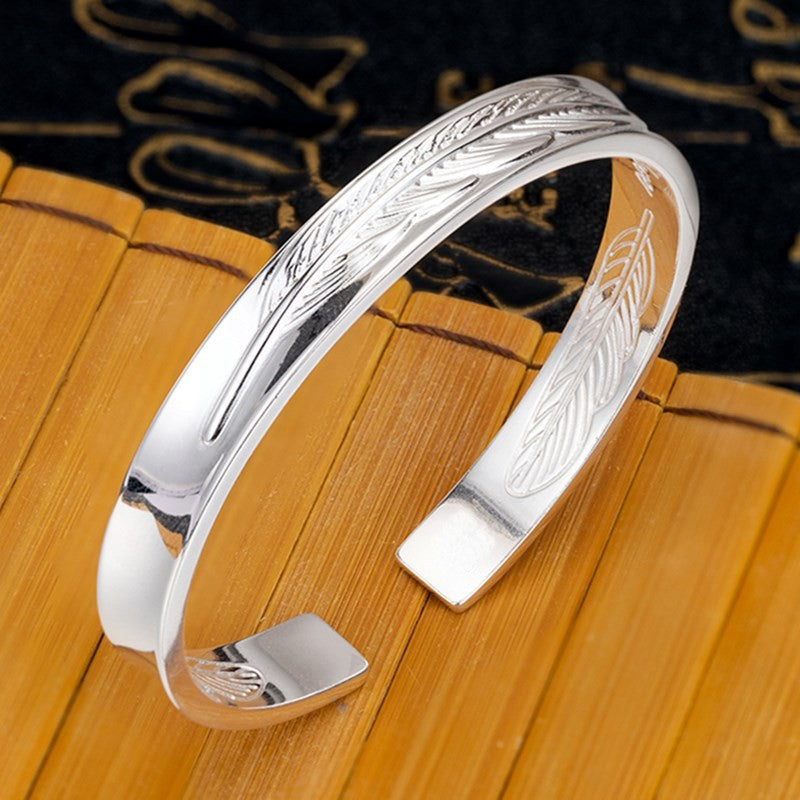 Pulseira Bracelete de Prata Esterlina 925 Pena Flor Dourada Vintage Punk Para Mulheres Homens Joias da Moda Presente Dropship Atacado