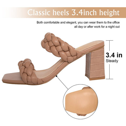 Elegant Women's Braided Heels Sandalias Fashion Strappy Square Sandals Open Toe Backless Mules Slip On Block Heeled Shoes