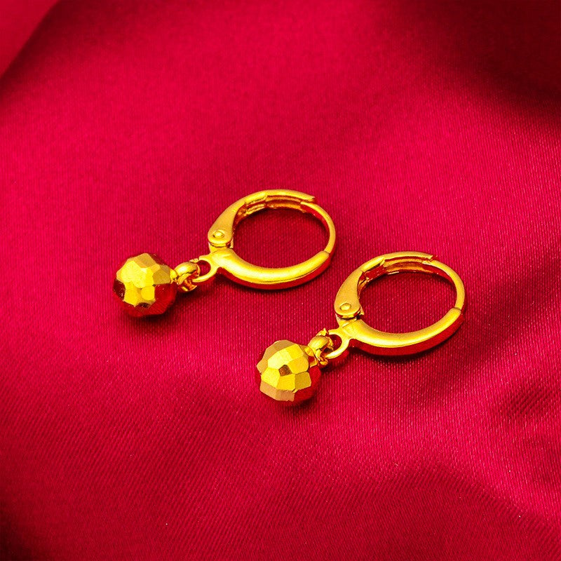 24K Gold AU999 Women's Thin Bead Earrings-Necklace Set-Polished Gold Beads in Arc, Thin Chain Flattering, Luxury Daily Versatile